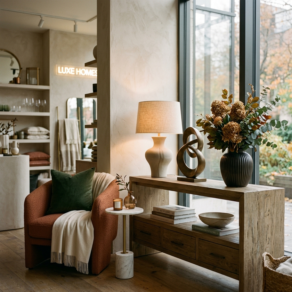 Premium, warm, modern, elegant, and sophisticated home decor retail brand image showing elegant accents and statement pieces